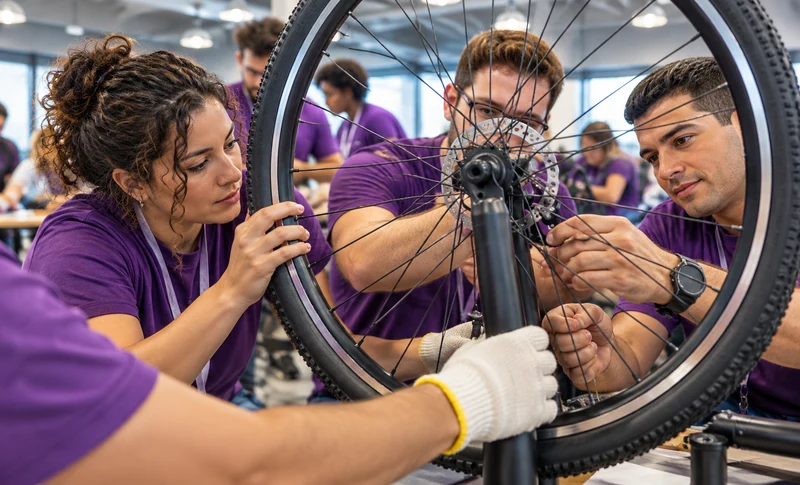 Cena ilustrativa de colegas colaborando na montagem de uma bicicleta.
