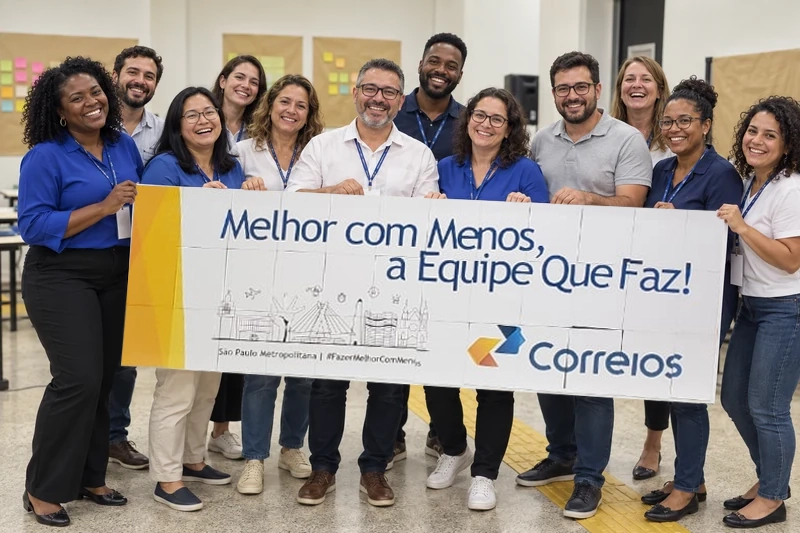 Cena ilustrativa de uma equipe apresentando o resultado de um desafio colaborativo sob medida.
